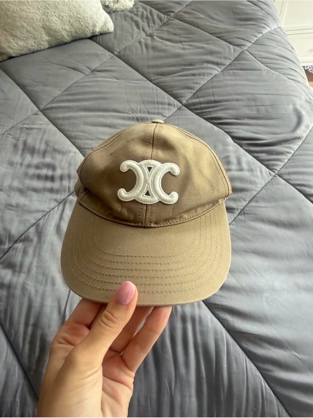 Tan Baseball Cap with White Embroidered Logo - womans  Accessory Celine